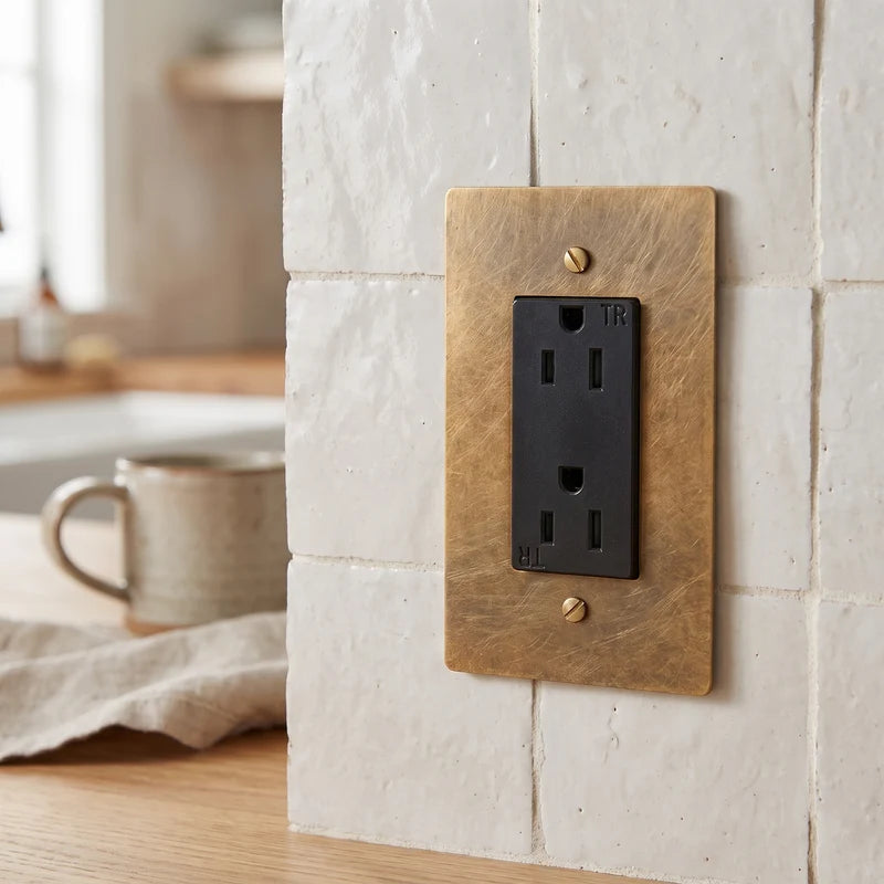 Duplex Wall Outlet, 15A, Solid Brass Panel, UL Listed