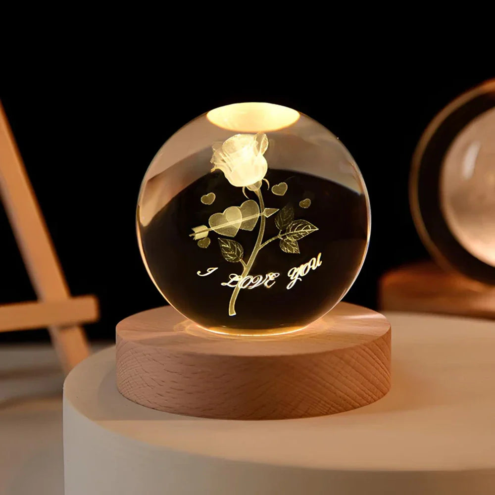 Crystal Ball Lamp, 3D Engraved, Solid Wood and Glass, Warm White LED