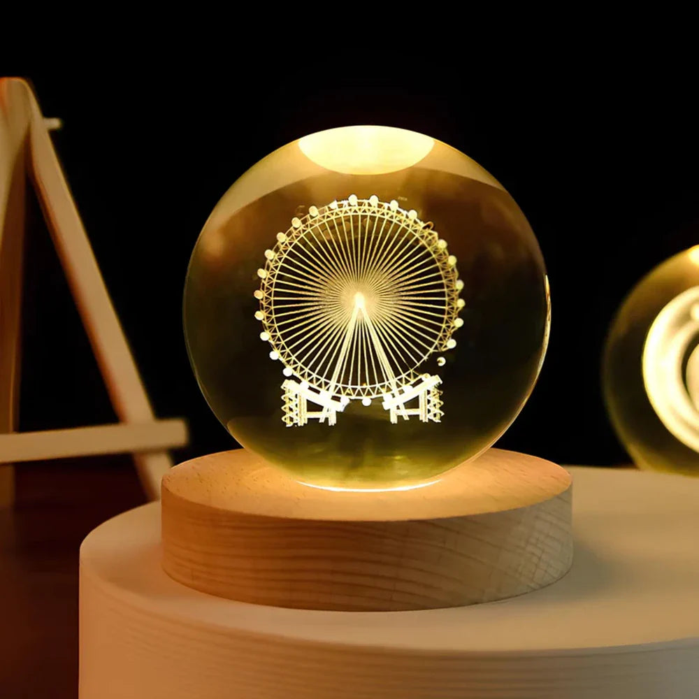 Crystal Ball Lamp, 3D Engraved, Solid Wood and Glass, Warm White LED
