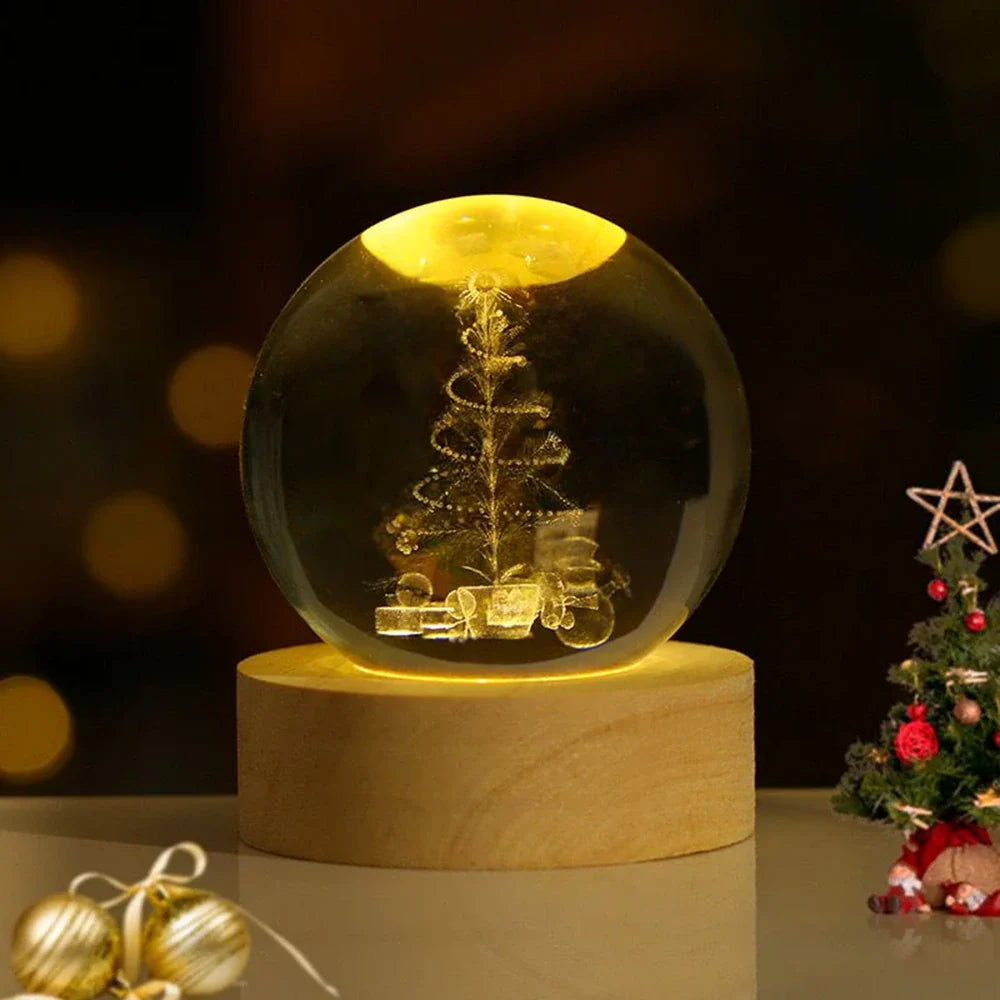 Crystal Ball Lamp, 3D Engraved, Solid Wood and Glass, Warm White LED