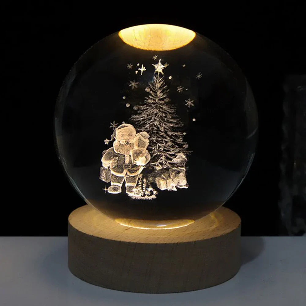 Crystal Ball Lamp, 3D Engraved, Solid Wood and Glass, Warm White LED