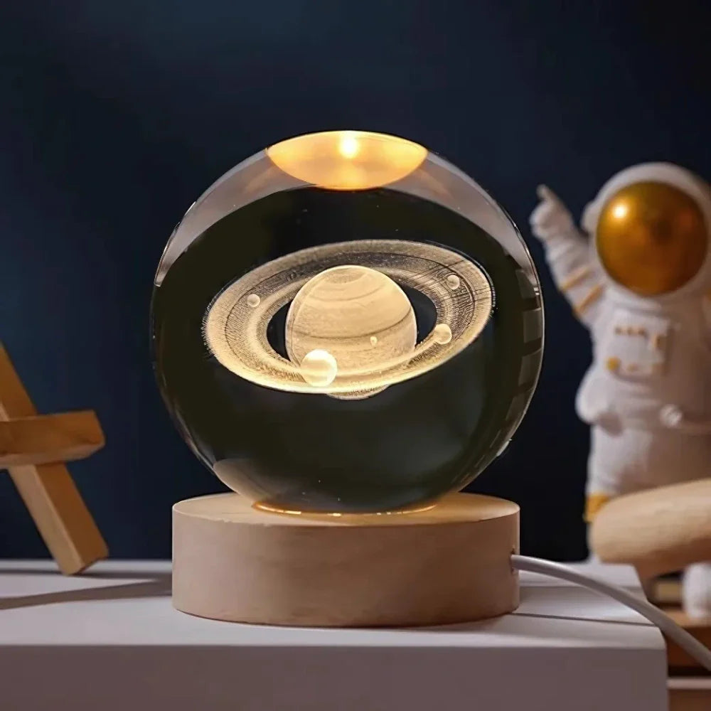 Crystal Ball Lamp, 3D Engraved, Solid Wood and Glass, Warm White LED