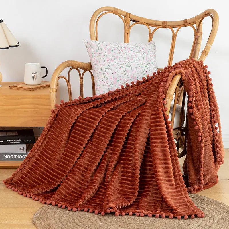 Velvet Pom Fringe Flannel Throw Blanket, Striped