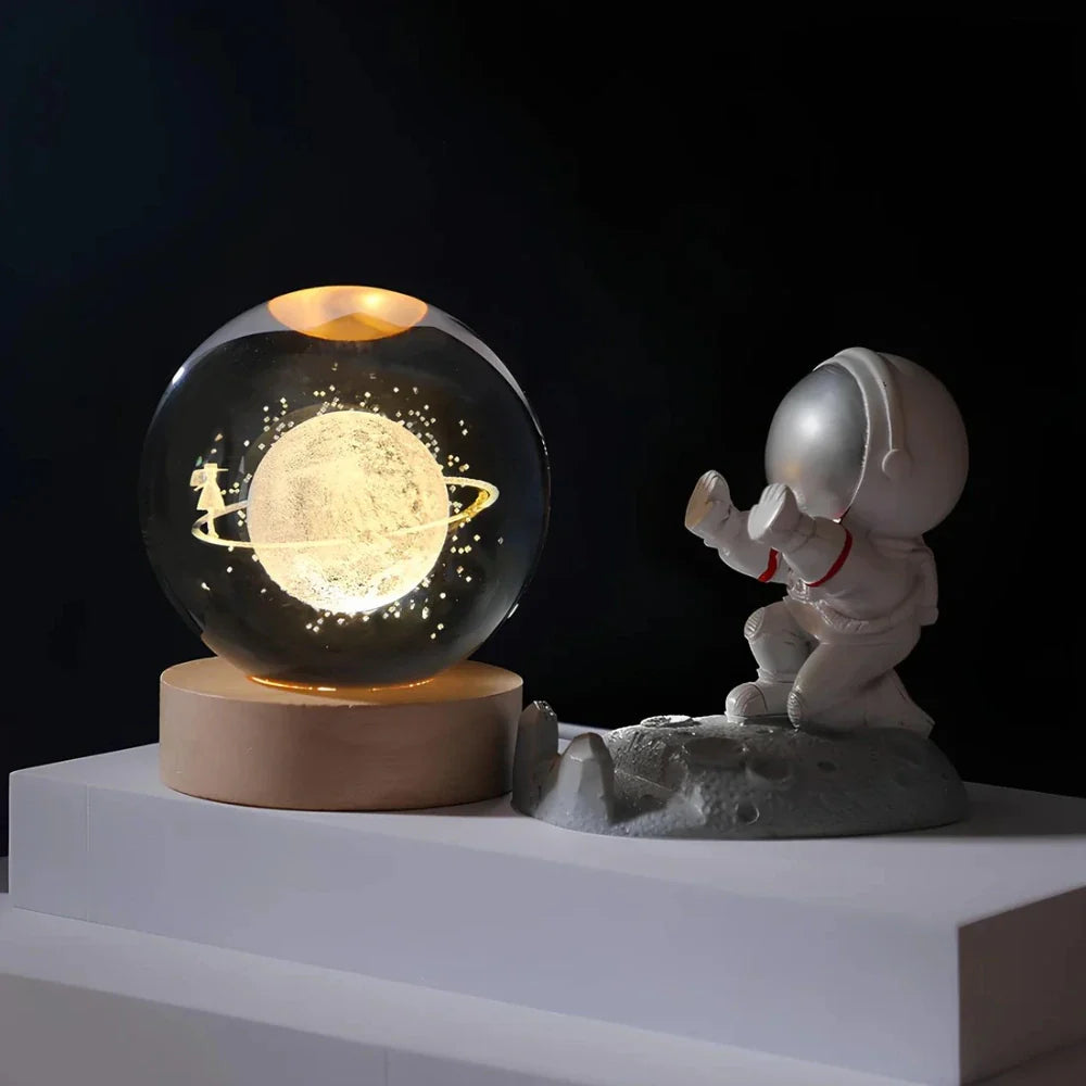 Crystal Ball Lamp, 3D Engraved, Solid Wood and Glass, Warm White LED