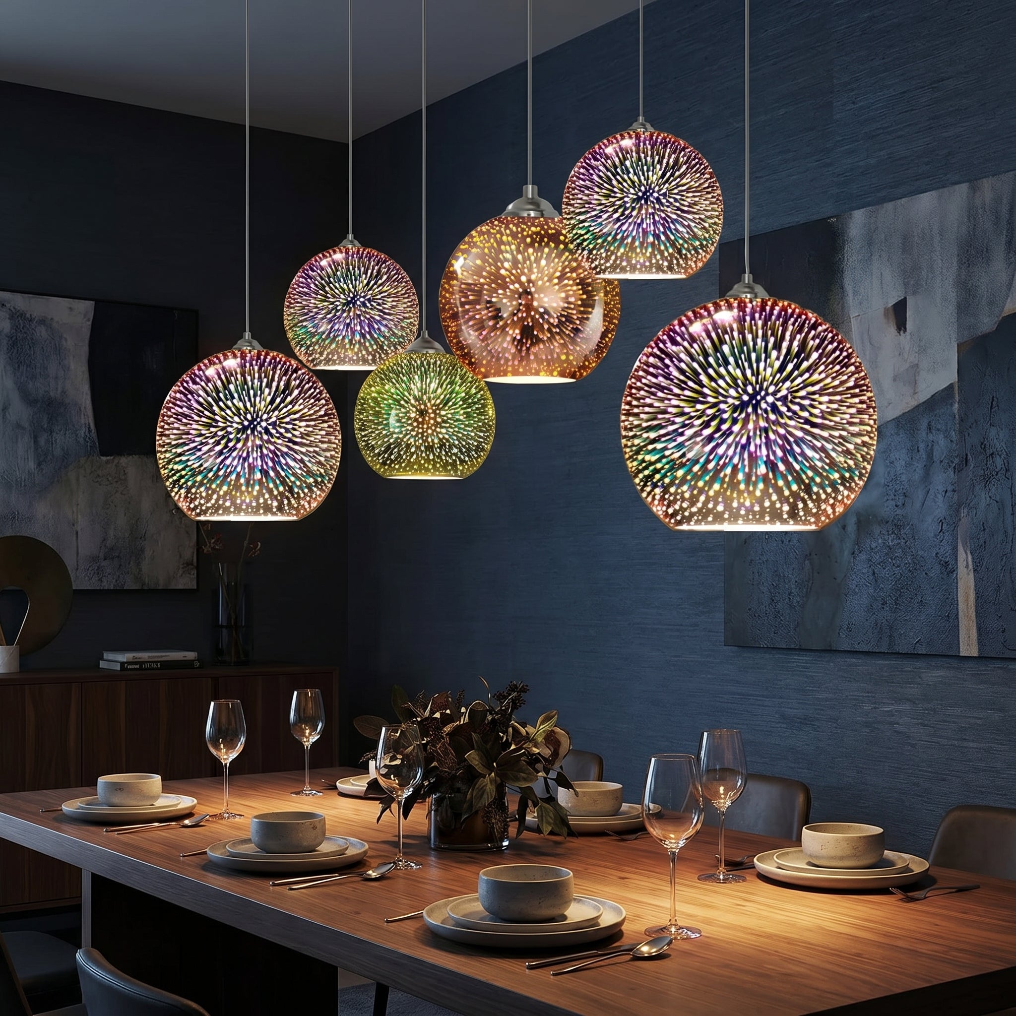 3D Fireworks Glass Dome Pendant, E26, Bronze Silver or Gold