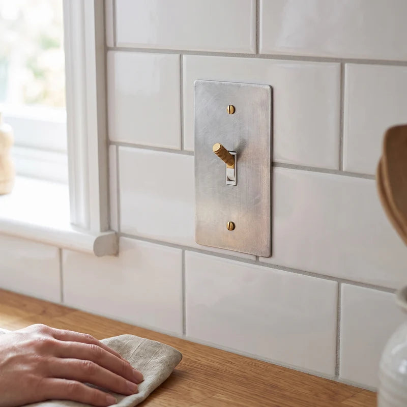 Toggle Light Switch, Cross Knurled Lever, Solid Brass Panel