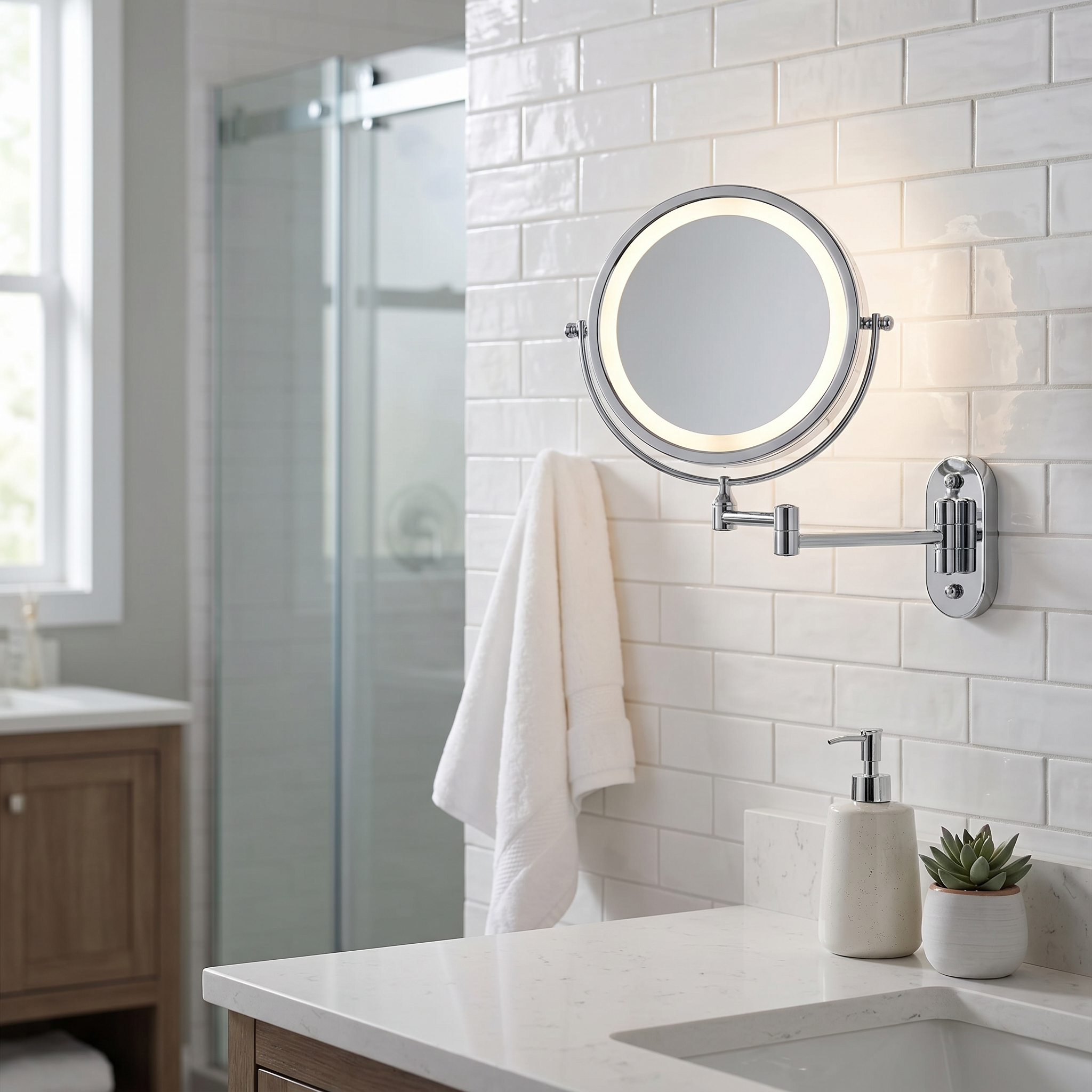 LED Vanity Mirror, Chrome Silver, Touch 3-Colour, USB-C, 20 cm