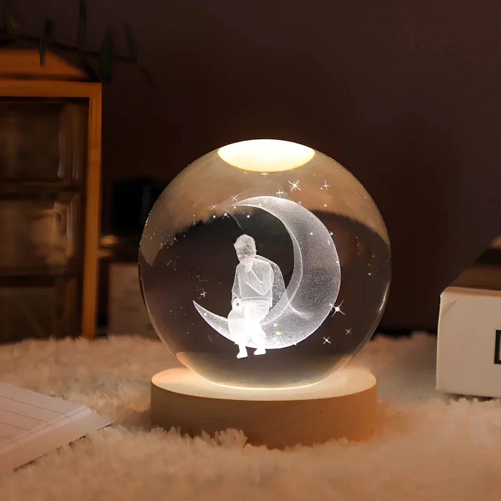 Crystal Ball Lamp, 3D Engraved, Solid Wood and Glass, Warm White LED
