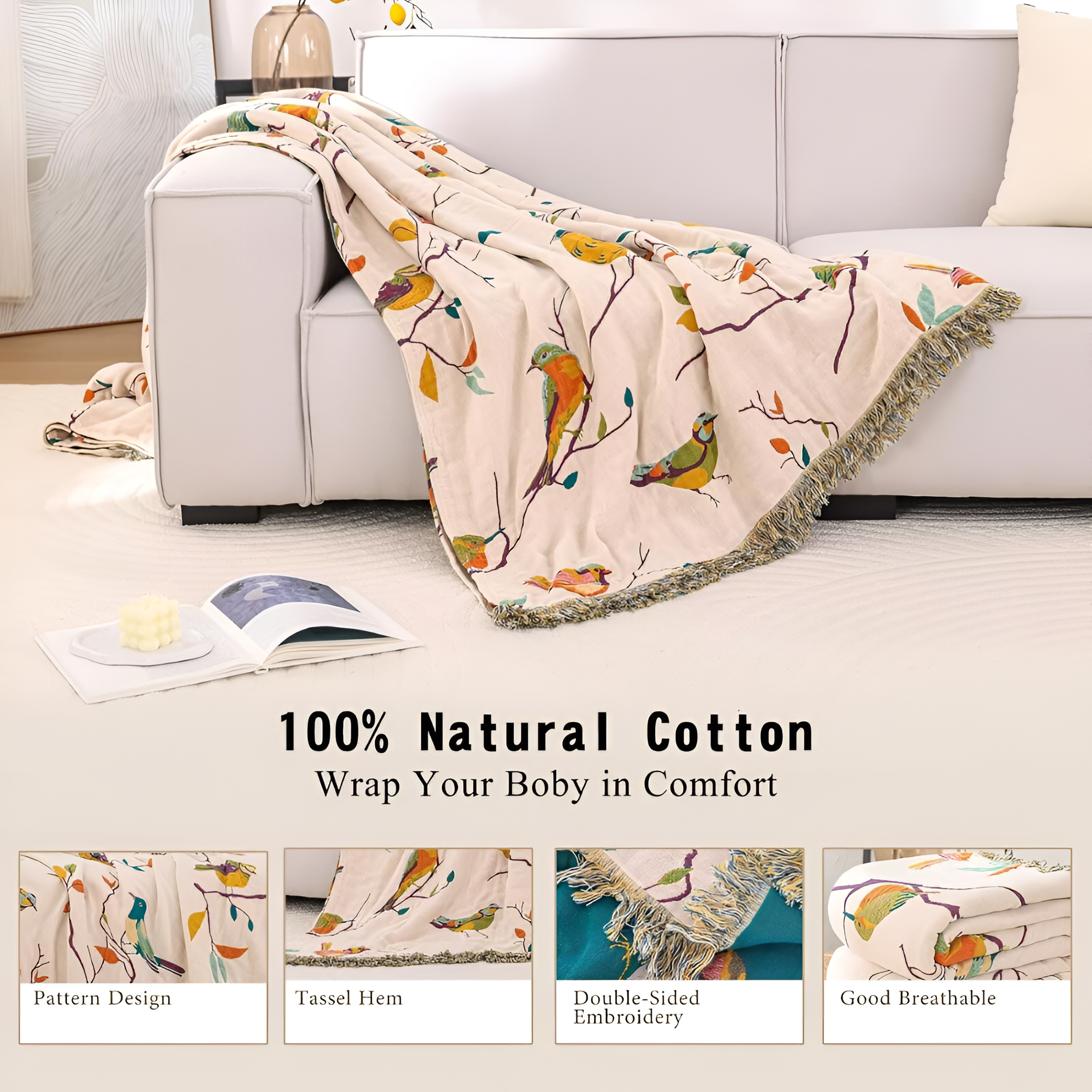 Whimsical Bird Tassel Cotton Blanket, Boho Queen