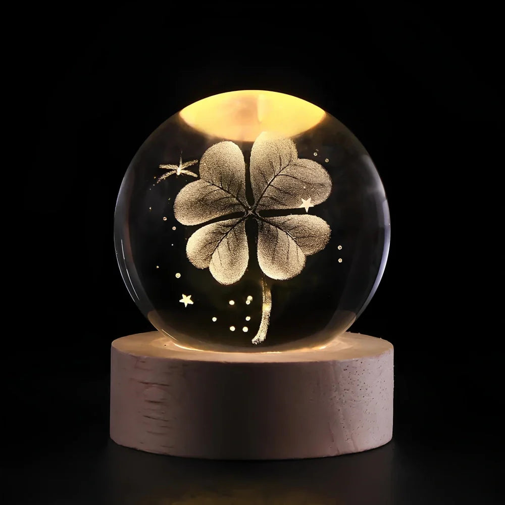Crystal Ball Lamp, 3D Engraved, Solid Wood and Glass, Warm White LED
