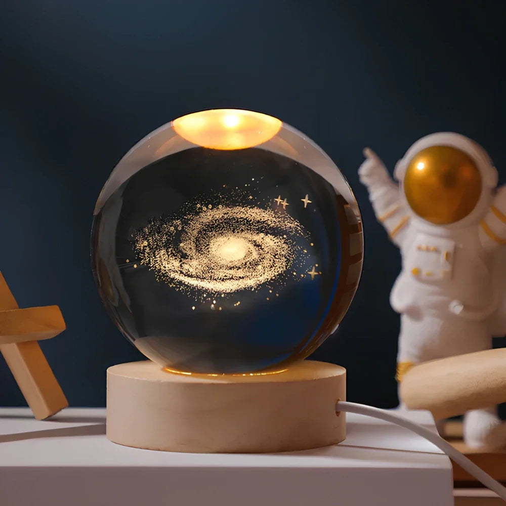 Crystal Ball Lamp, 3D Engraved, Solid Wood and Glass, Warm White LED