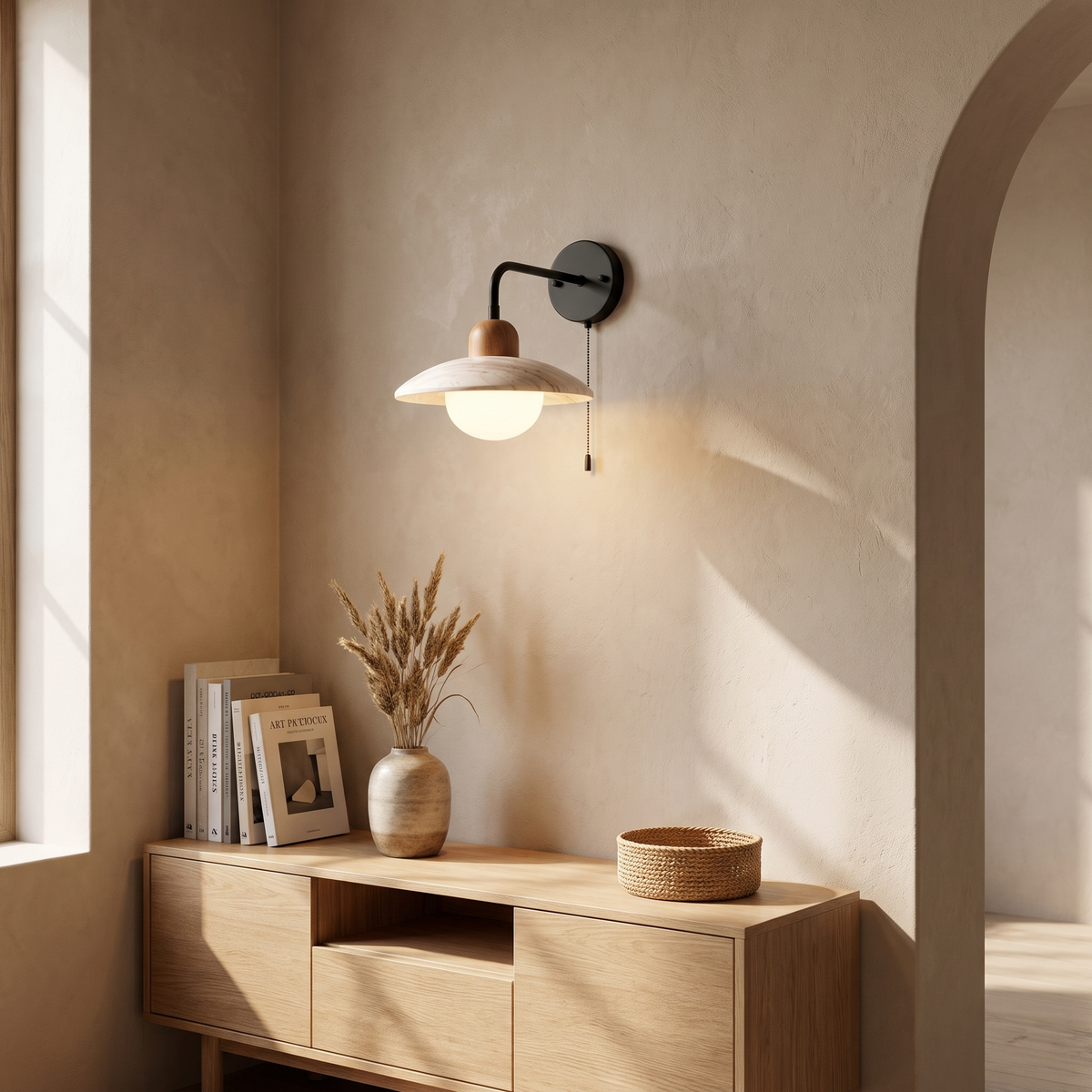Elowen Travertine Wall Lamp, Gold Arm, Dimmable