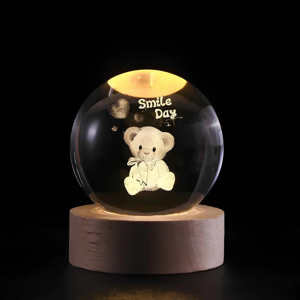 Crystal Ball Lamp, 3D Engraved, Solid Wood and Glass, Warm White LED
