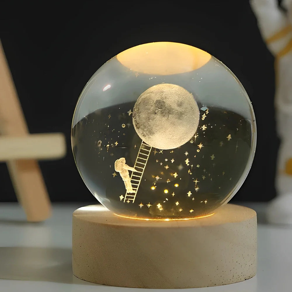 Crystal Ball Lamp, 3D Engraved, Solid Wood and Glass, Warm White LED