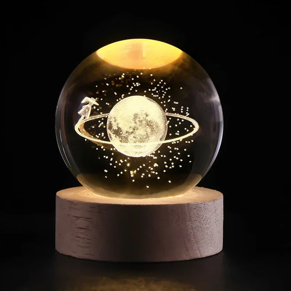 Crystal Ball Lamp, 3D Engraved, Solid Wood and Glass, Warm White LED