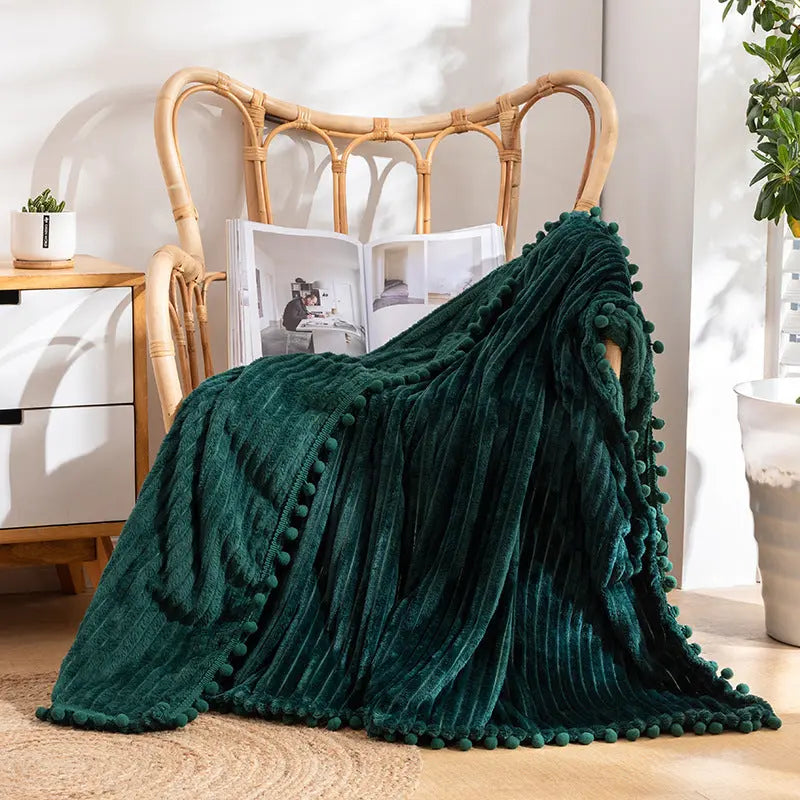 Velvet Pom Fringe Flannel Throw Blanket, Striped