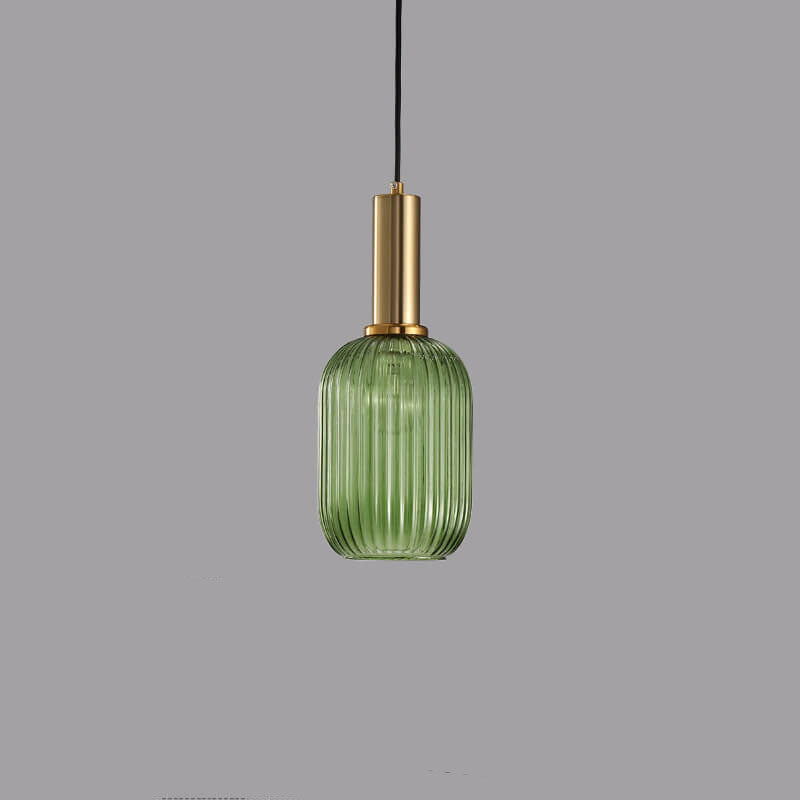 Striped Glass Lantern Pendant, E26, Three Designs, Green Amber Gray