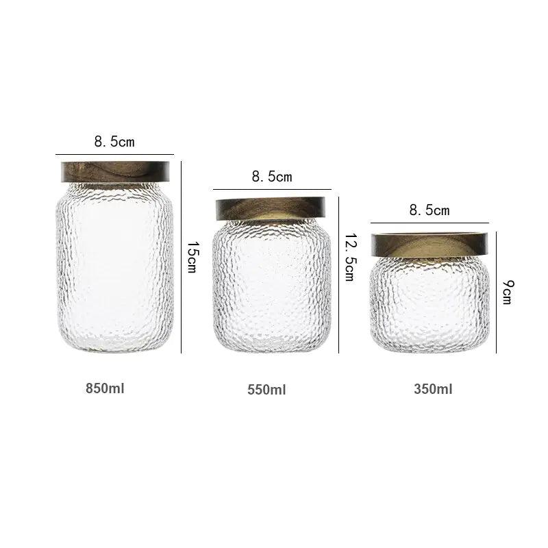 Hammered Glass Airtight Jar, Dark Timber Lid, Silicone Seal, Three Sizes