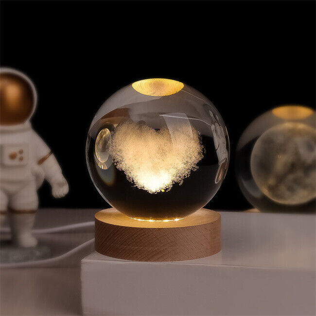 Crystal Ball Lamp, 3D Engraved, Solid Wood and Glass, Warm White LED