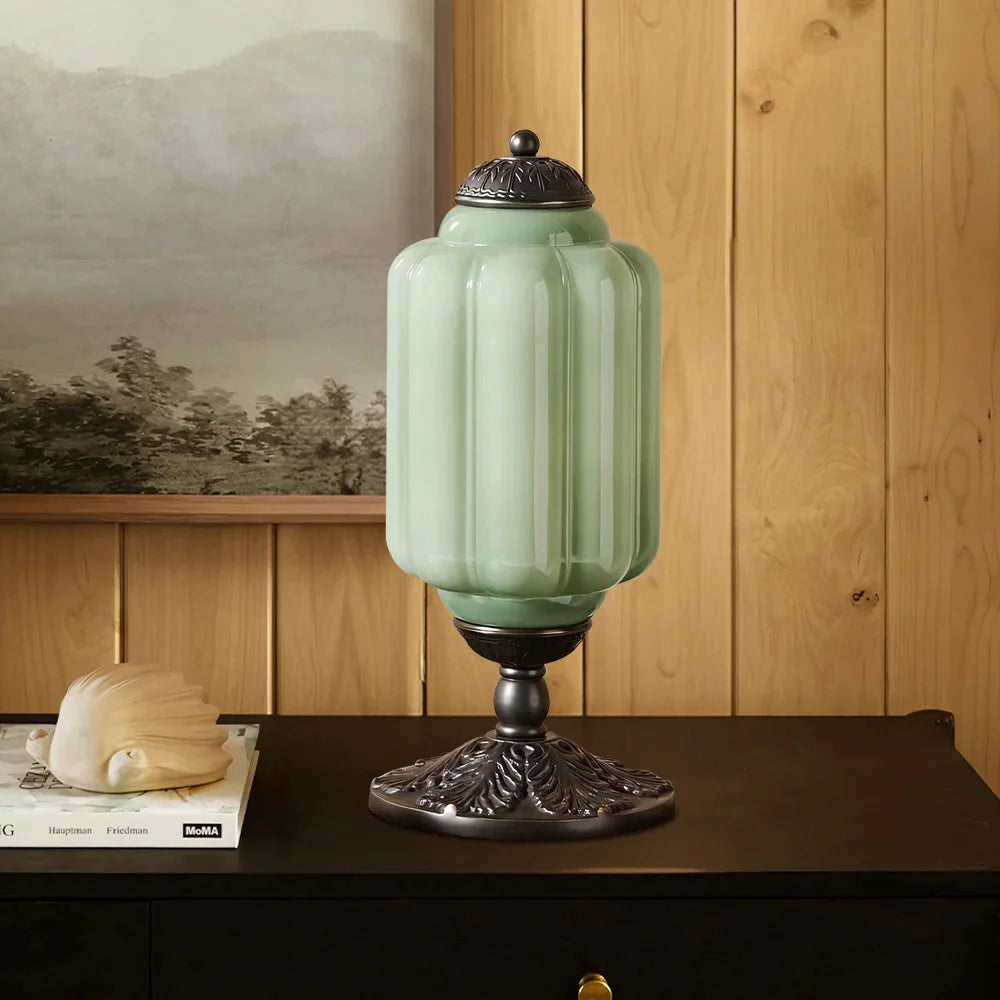 French Retro Cream Glass Table Lamp, Brass Base