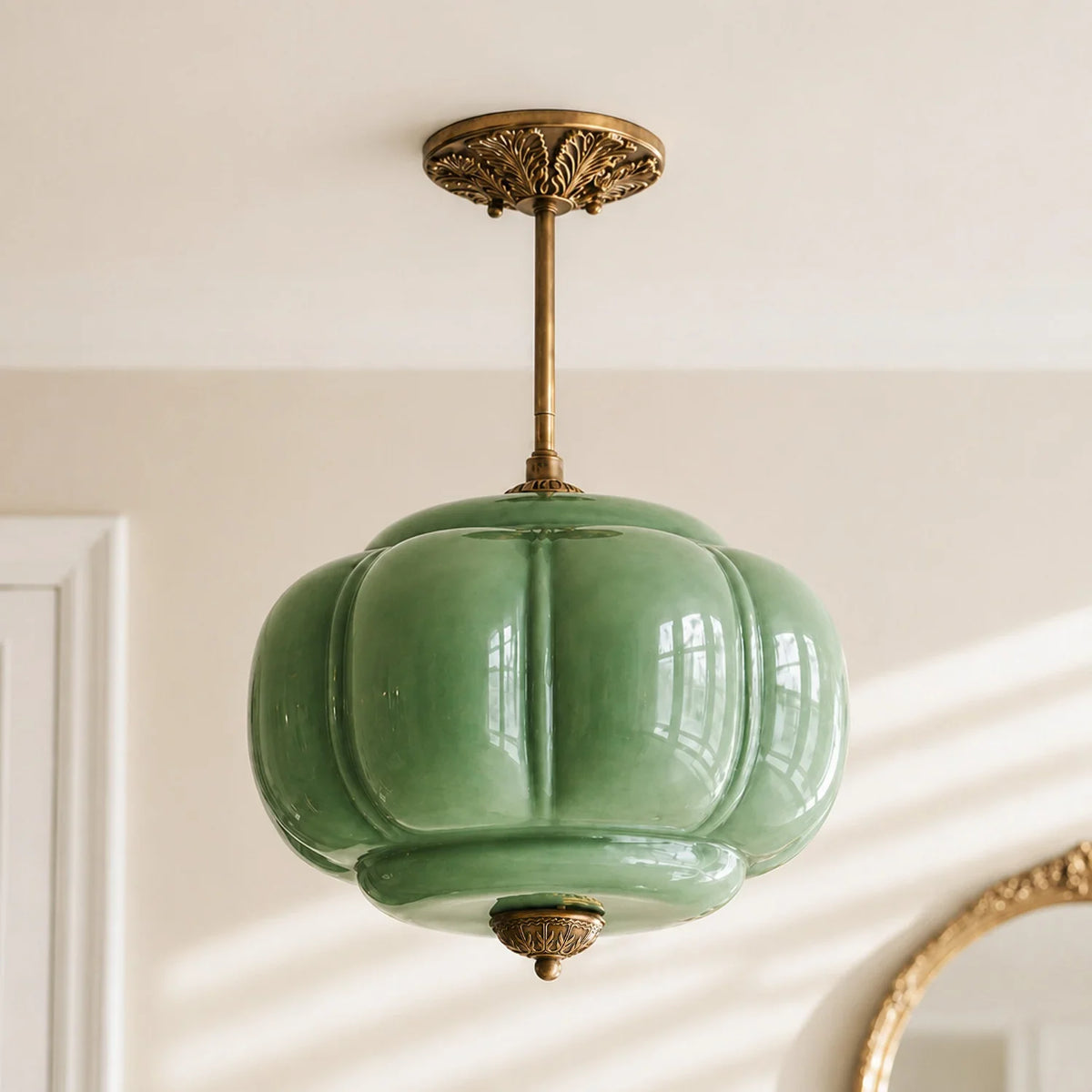 Antique Brass Pumpkin Pendant, Ribbed Colored Glass