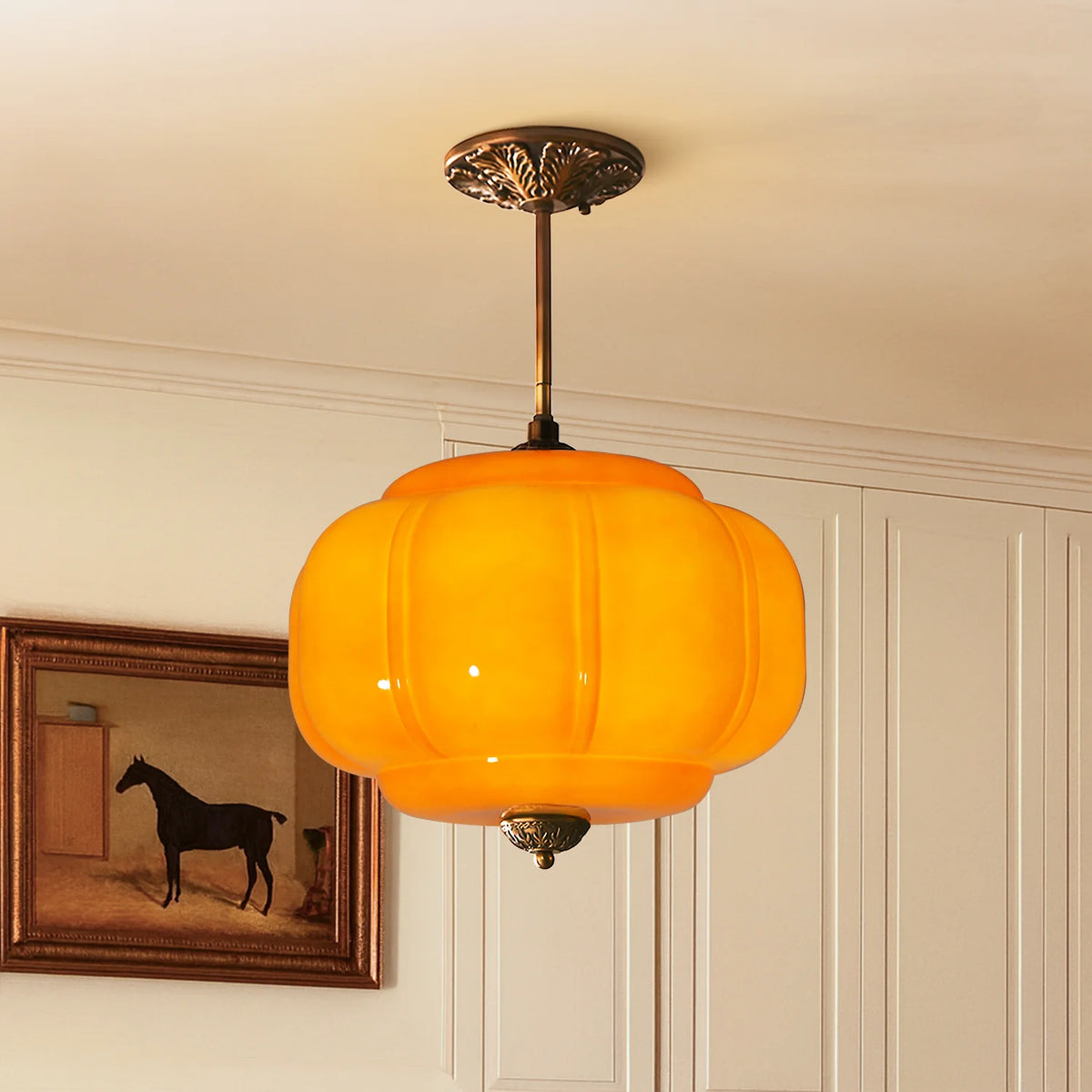 Antique Brass Pumpkin Pendant, Ribbed Colored Glass