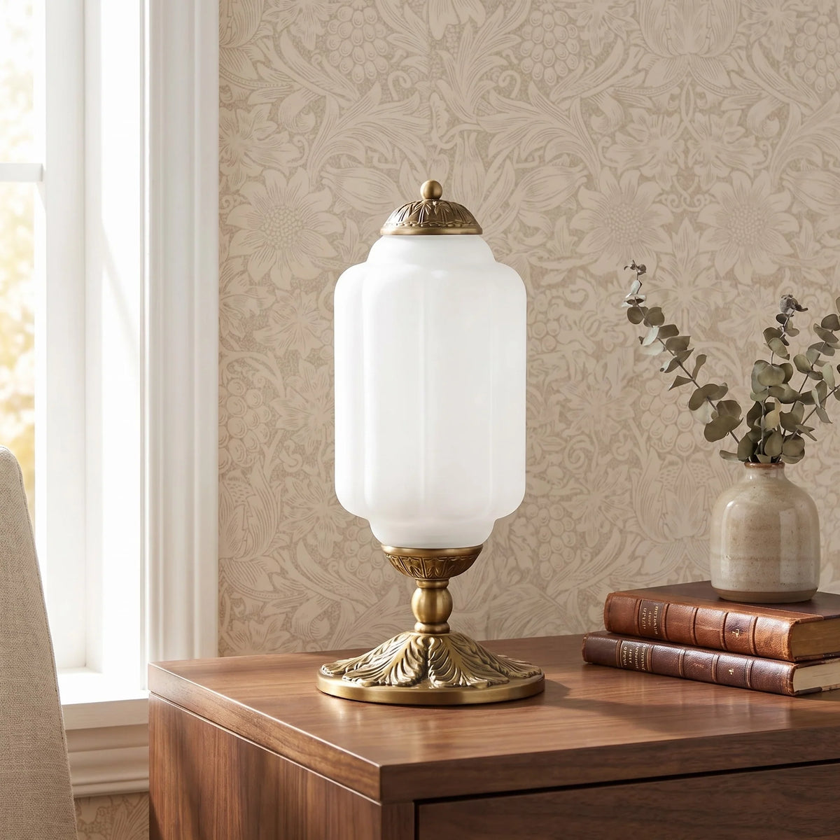 French Retro Cream Glass Table Lamp, Brass Base