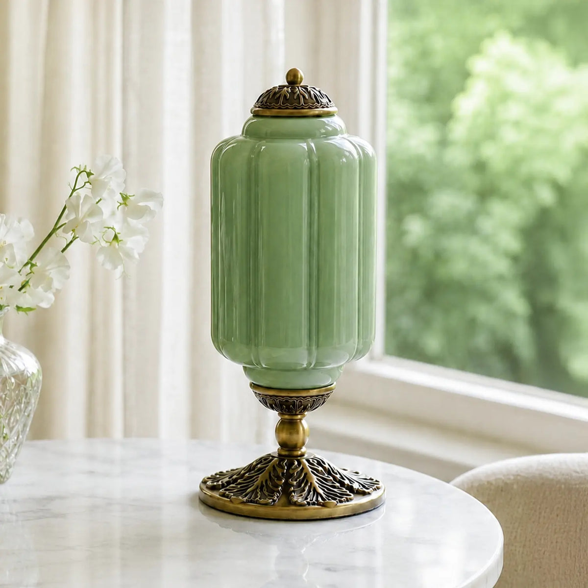 French Retro Cream Glass Table Lamp, Brass Base