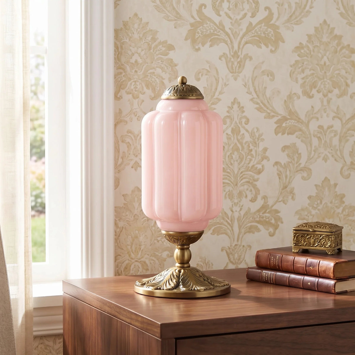 French Retro Cream Glass Table Lamp, Brass Base