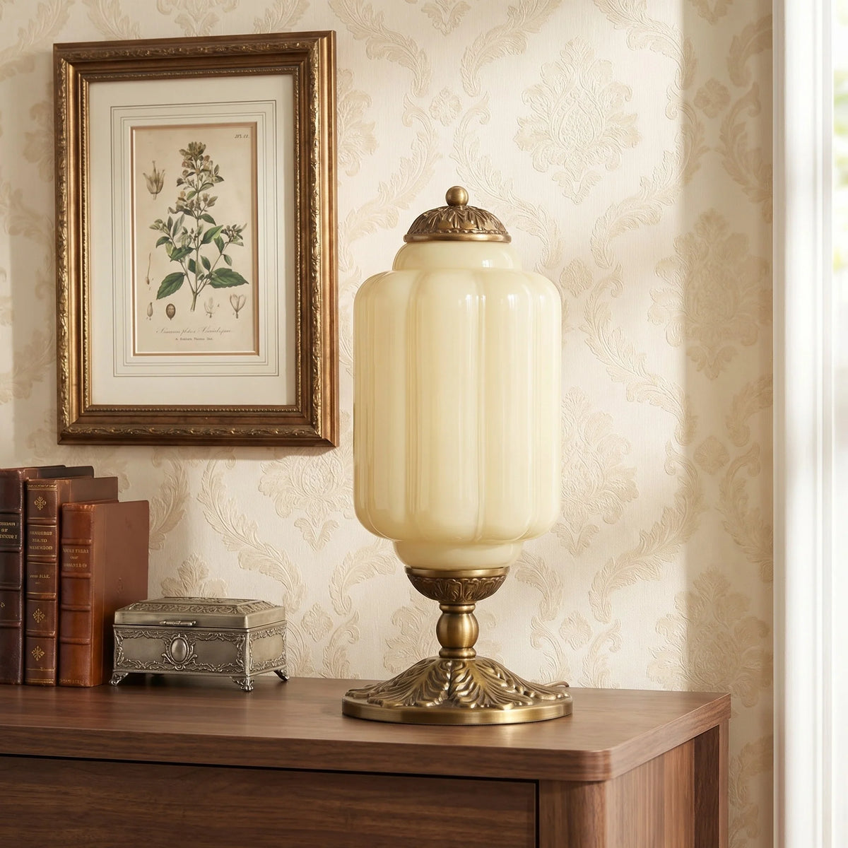 French Retro Cream Glass Table Lamp, Brass Base