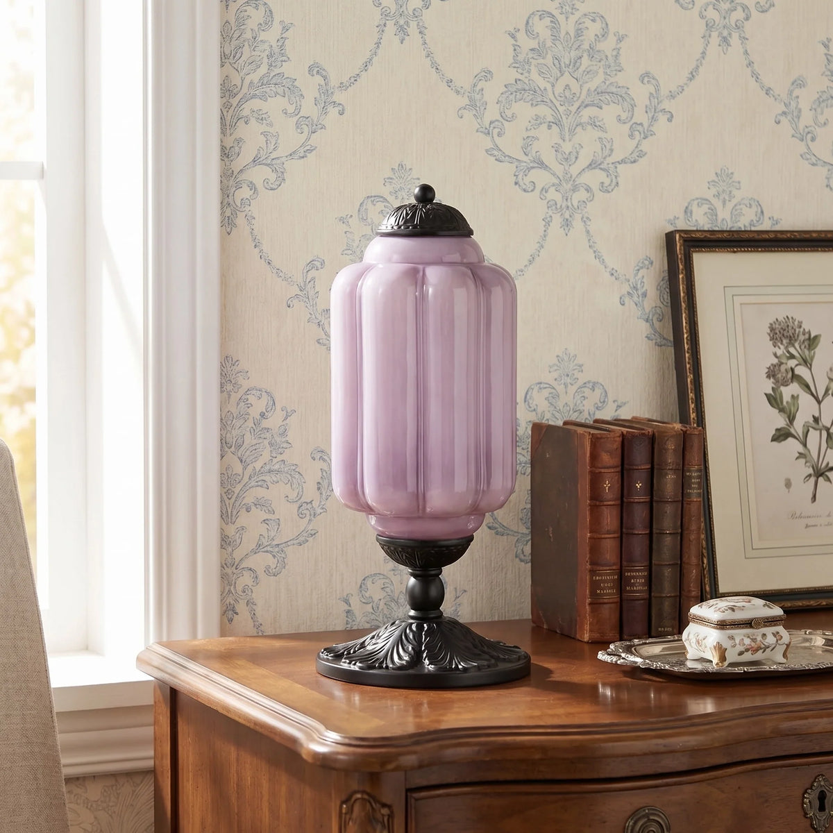 French Retro Cream Glass Table Lamp, Brass Base