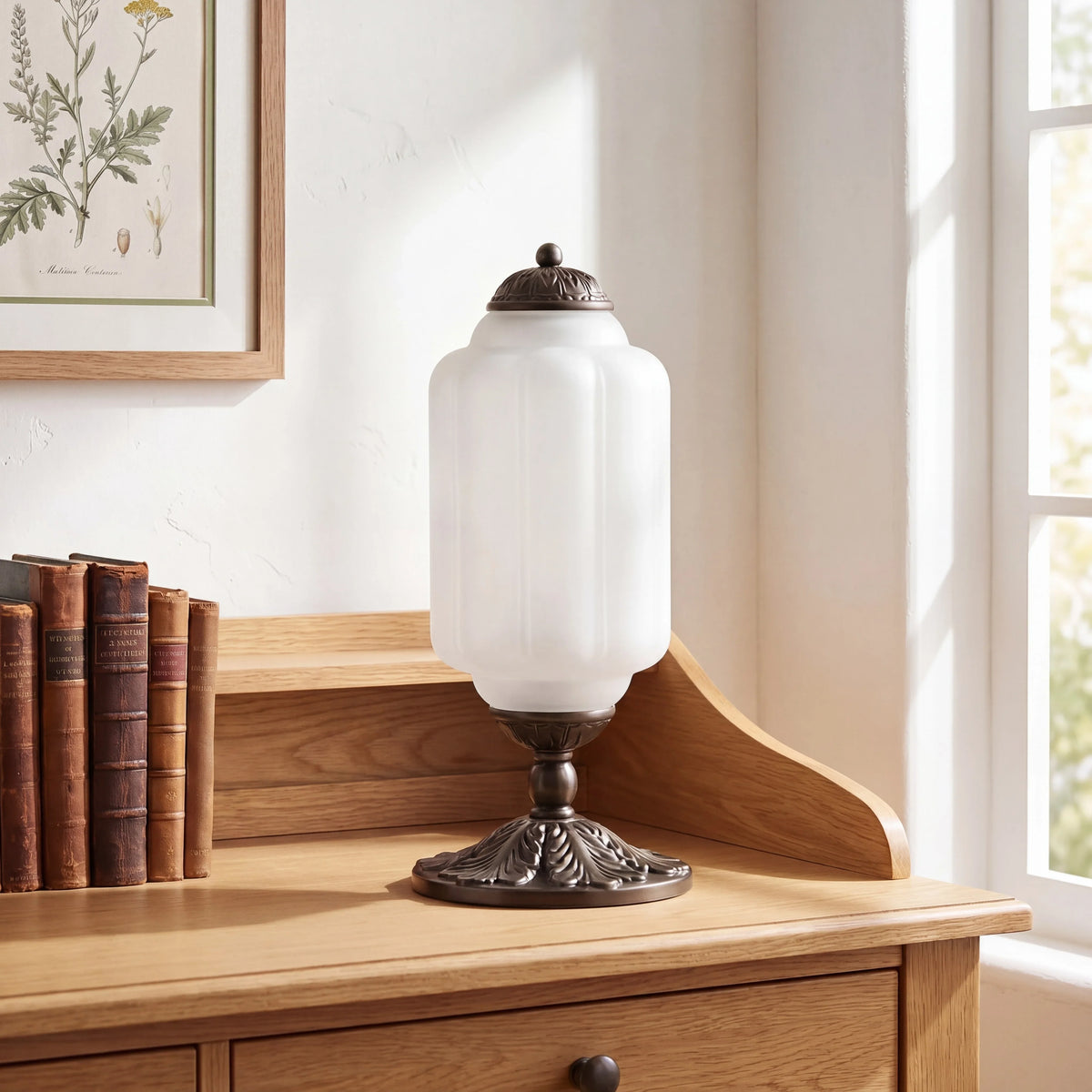 French Retro Cream Glass Table Lamp, Brass Base