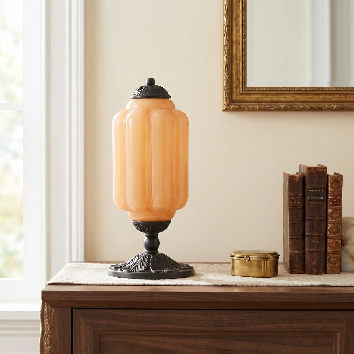 French Retro Cream Glass Table Lamp, Brass Base