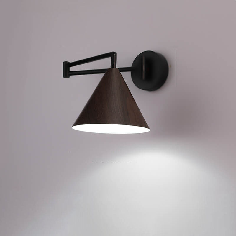 Cone Swing Arm Wall Sconce, Iron, E26, Walnut or Wood, 3000K or 5000K