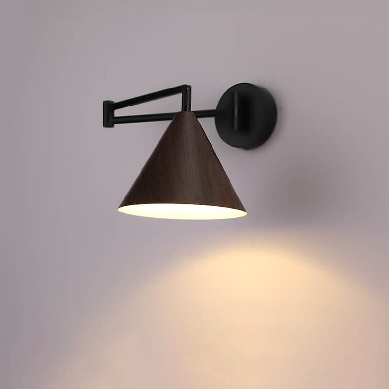 Cone Swing Arm Wall Sconce, Iron, E26, Walnut or Wood, 3000K or 5000K