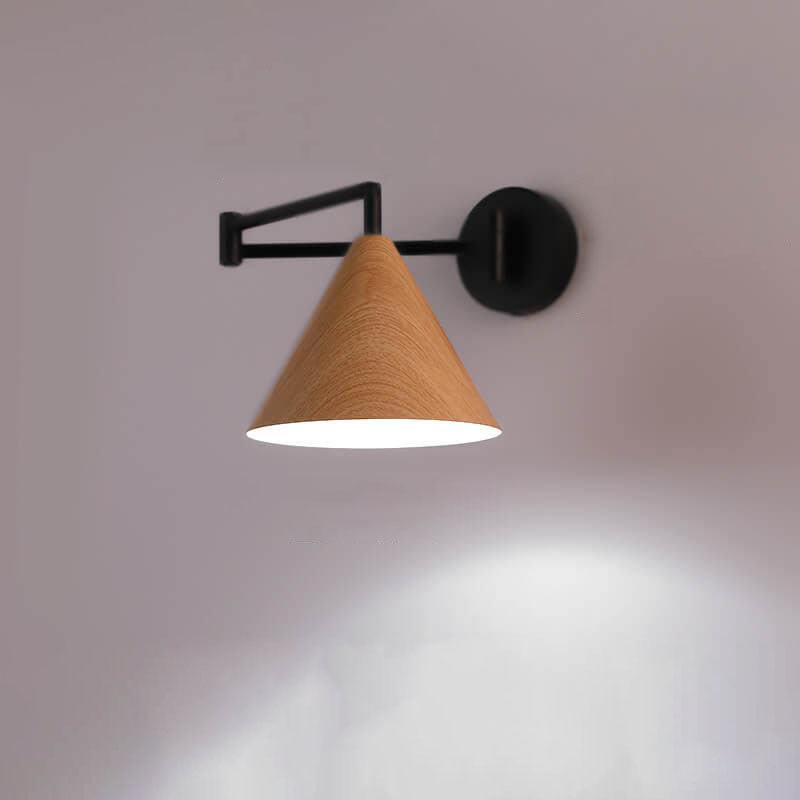 Cone Swing Arm Wall Sconce, Iron, E26, Walnut or Wood, 3000K or 5000K