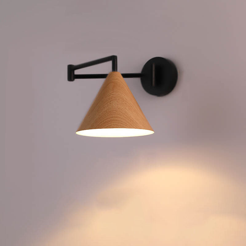Cone Swing Arm Wall Sconce, Iron, E26, Walnut or Wood, 3000K or 5000K