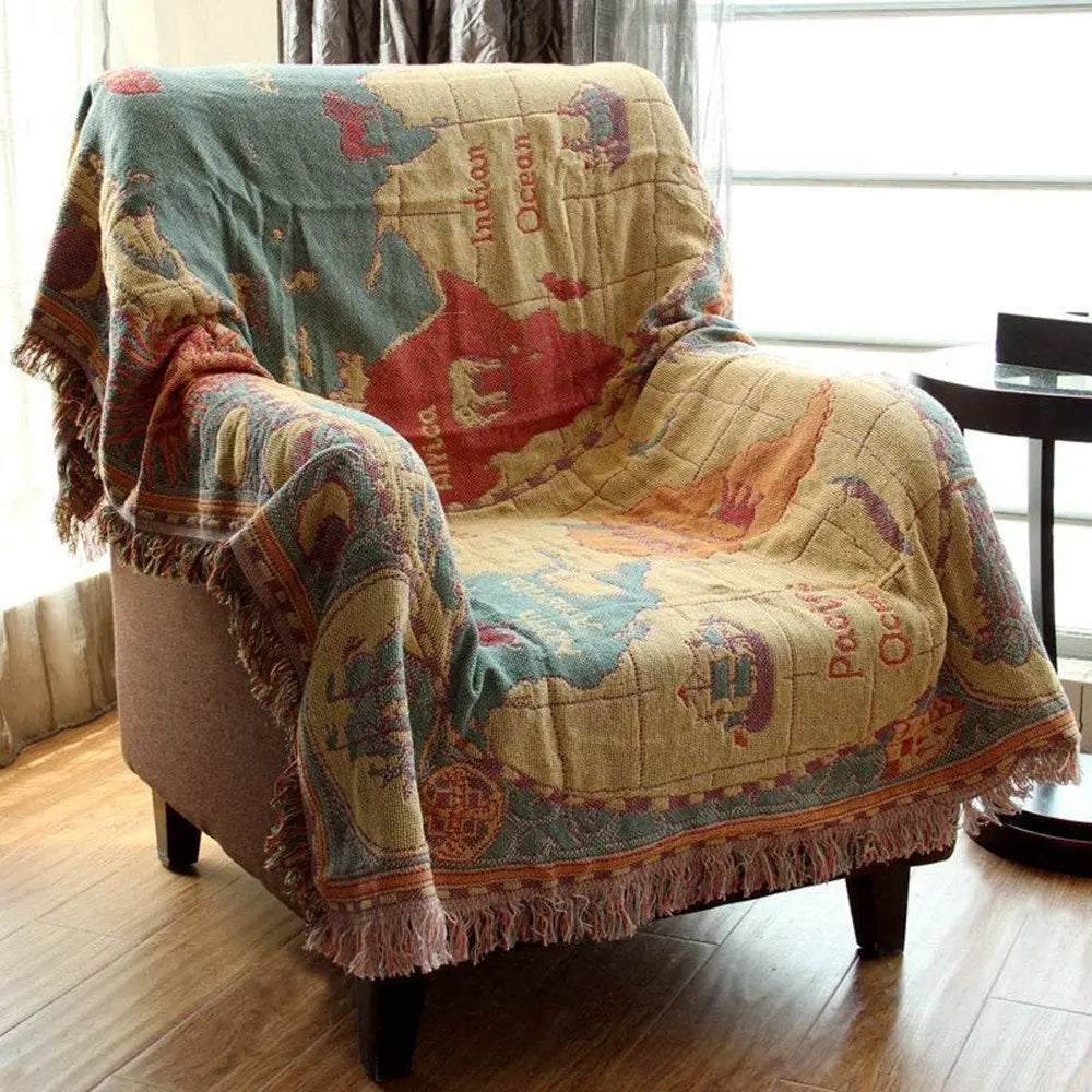 Wanderlust World Map Cotton Throw Blanket, Fringed