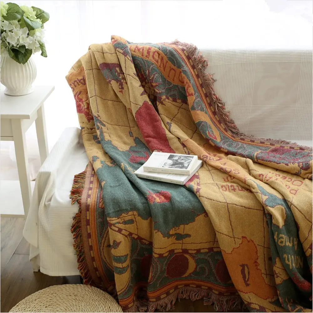 Wanderlust World Map Cotton Throw Blanket, Fringed