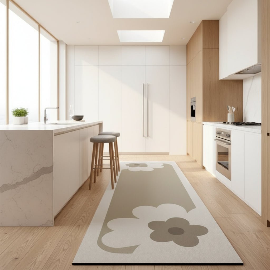 Flower design kitchen runner in a bright kitchen