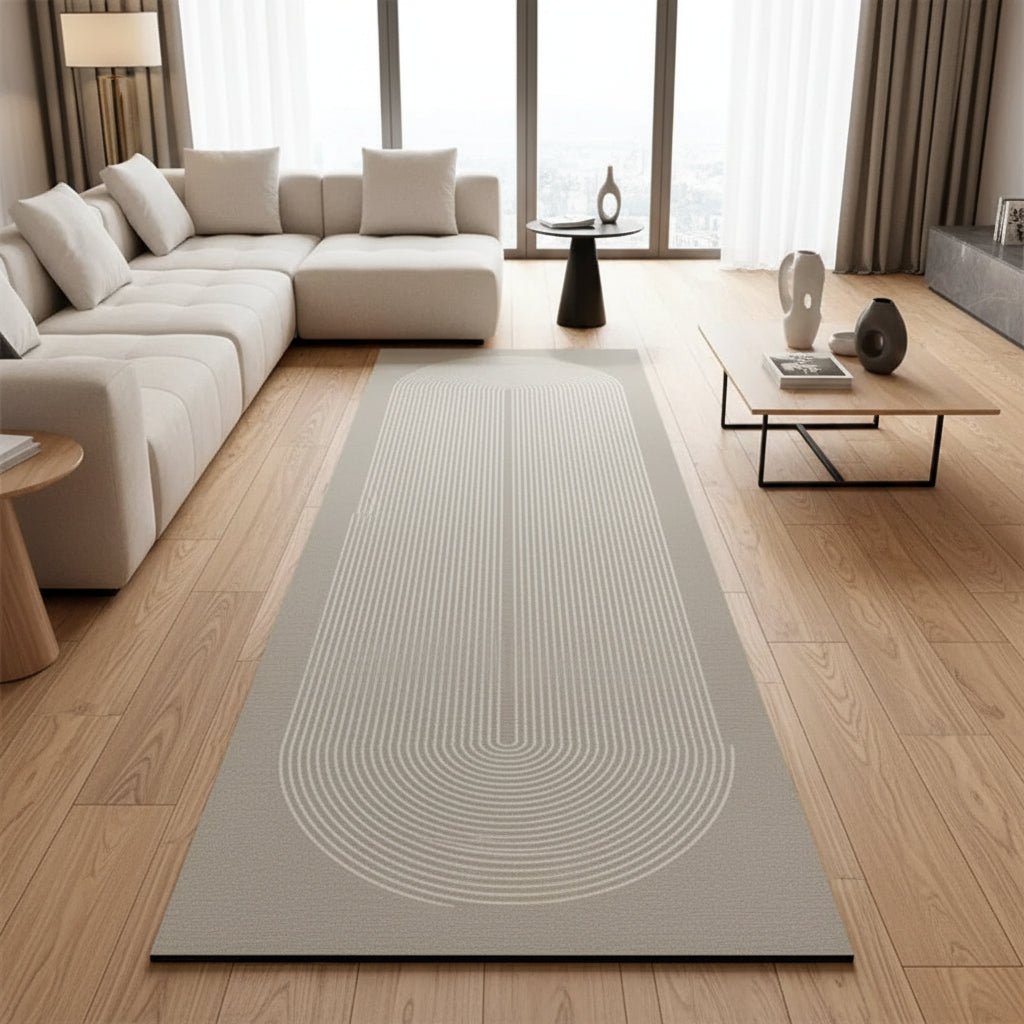 Arch design runner on a wood floor in a living room