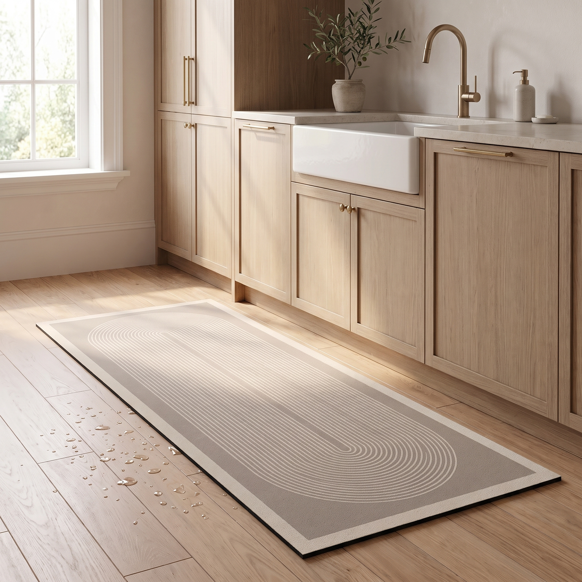 Arch design kitchen runner in front of a farmhouse sink