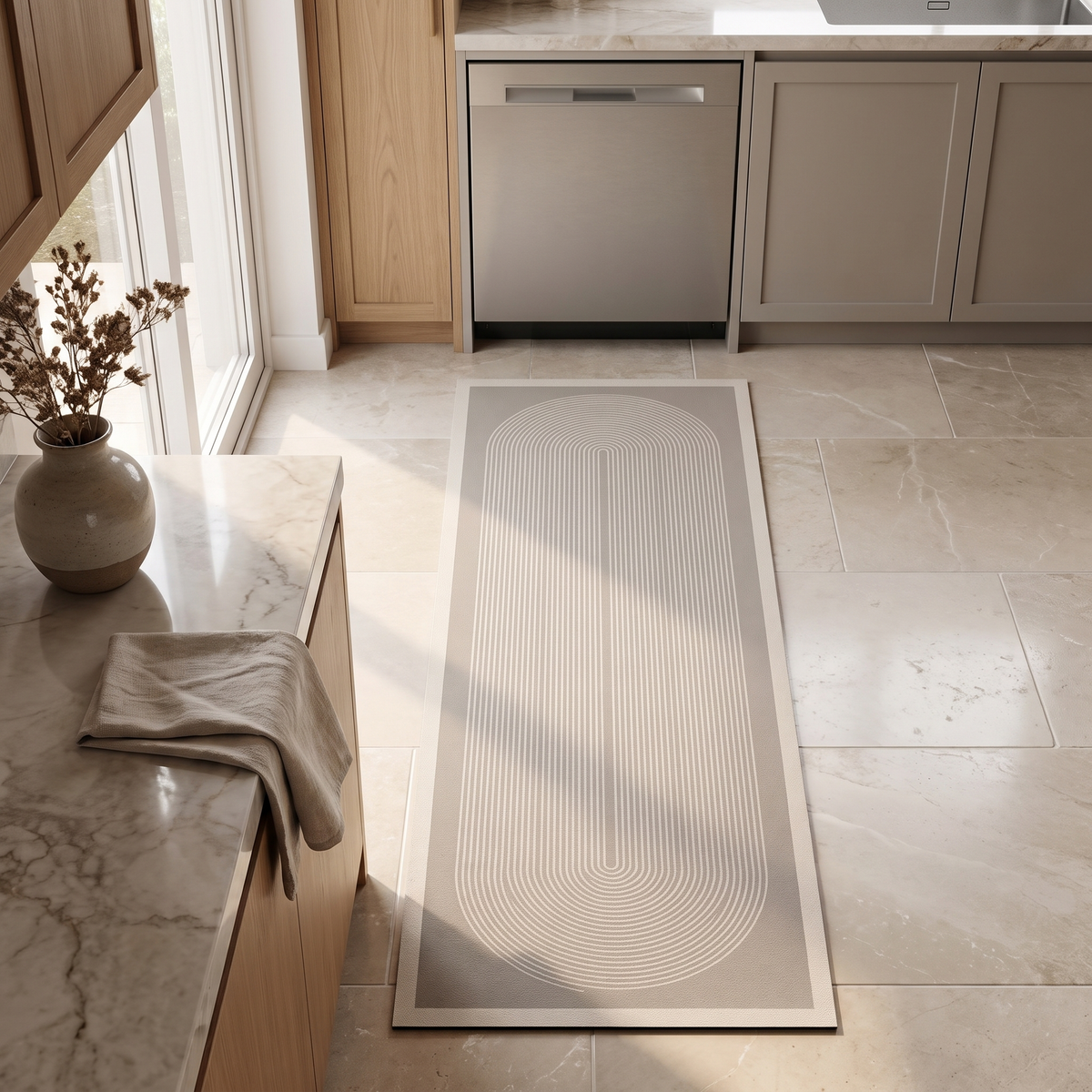 Arch design kitchen runner on a tile floor by a dishwasher