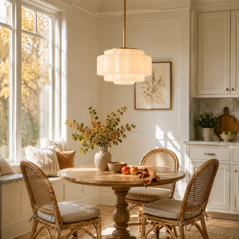 Antique Brass Tiered Pendant Light, Opal Glass