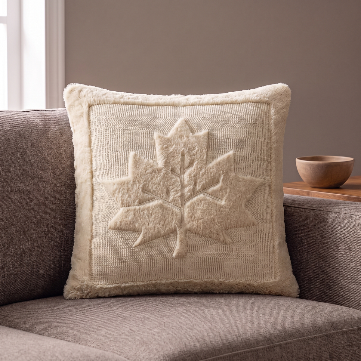 Agnes pillow cover in cream with a raised maple leaf on a warm gray sofa