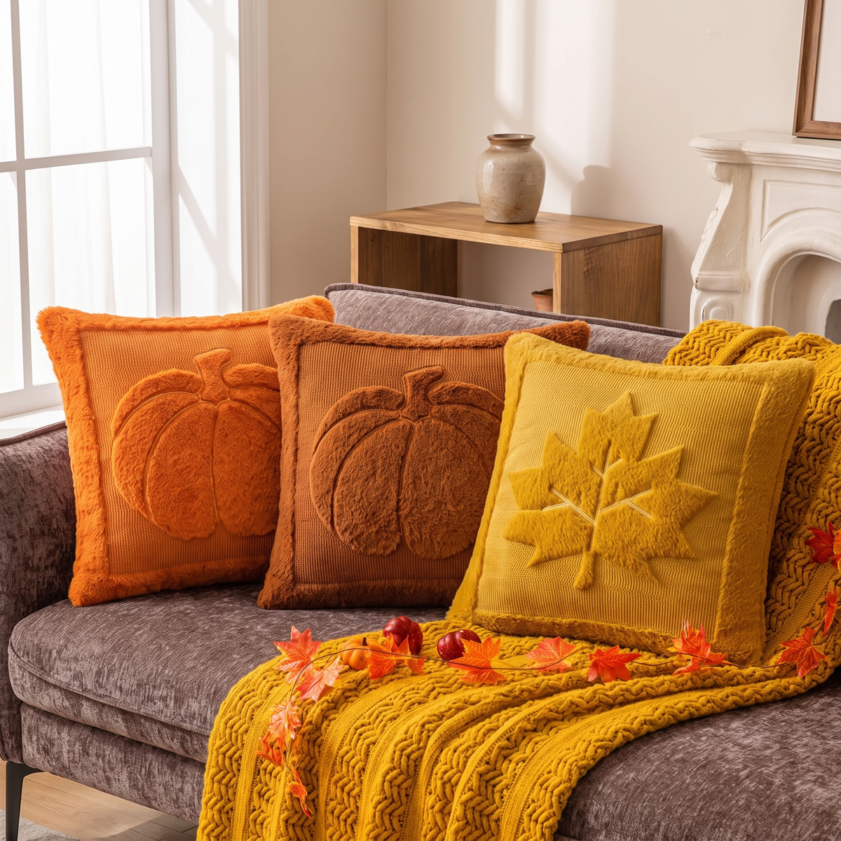 Agnes pillow covers in rust pumpkin, orange pumpkin and mustard maple leaf on a gray sofa
