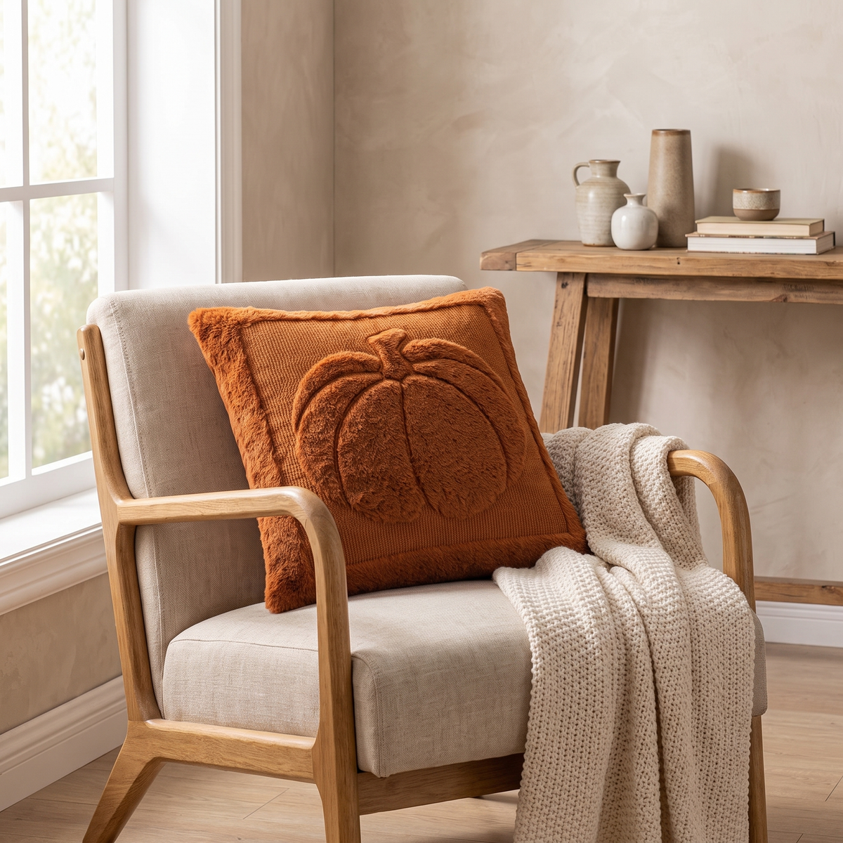 Rust Agnes pumpkin pillow cover in an oak armchair beside a window