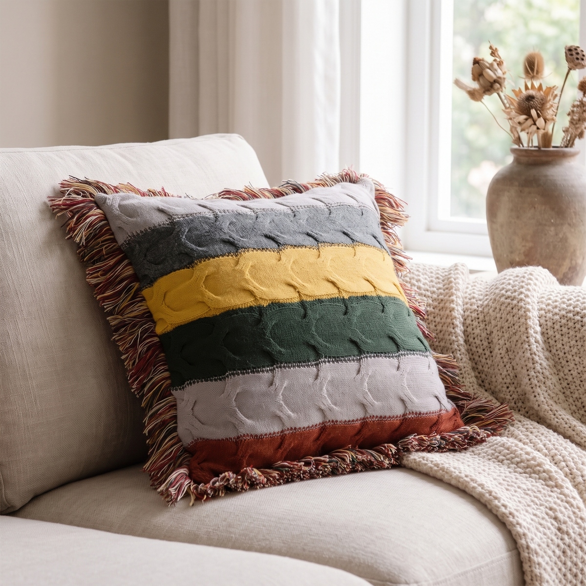 Aino striped cable knit cushion on a cream sofa