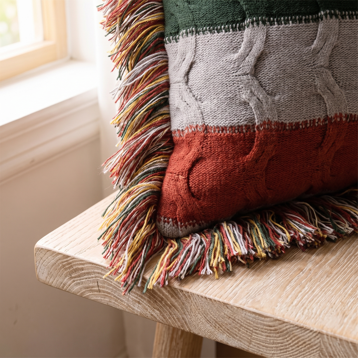 Close view of the multicolor fringe on the Aino cable knit cushion