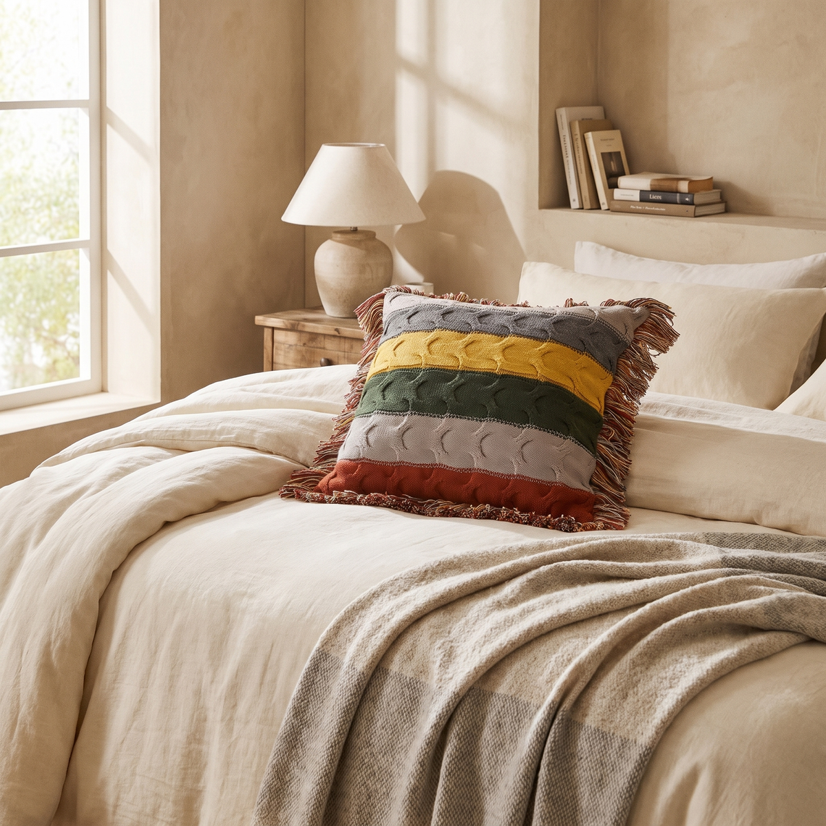Aino striped cable knit cushion on a bed with cream linen bedding